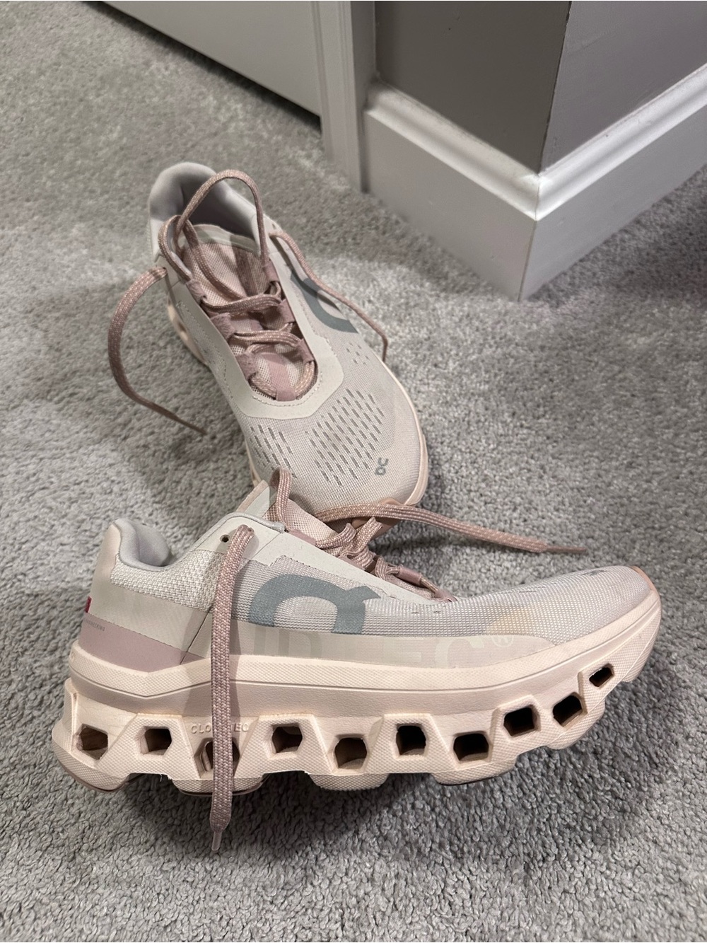 On Running Women’s Cloudmonster Sneakers in Pale Pink and Light Gray